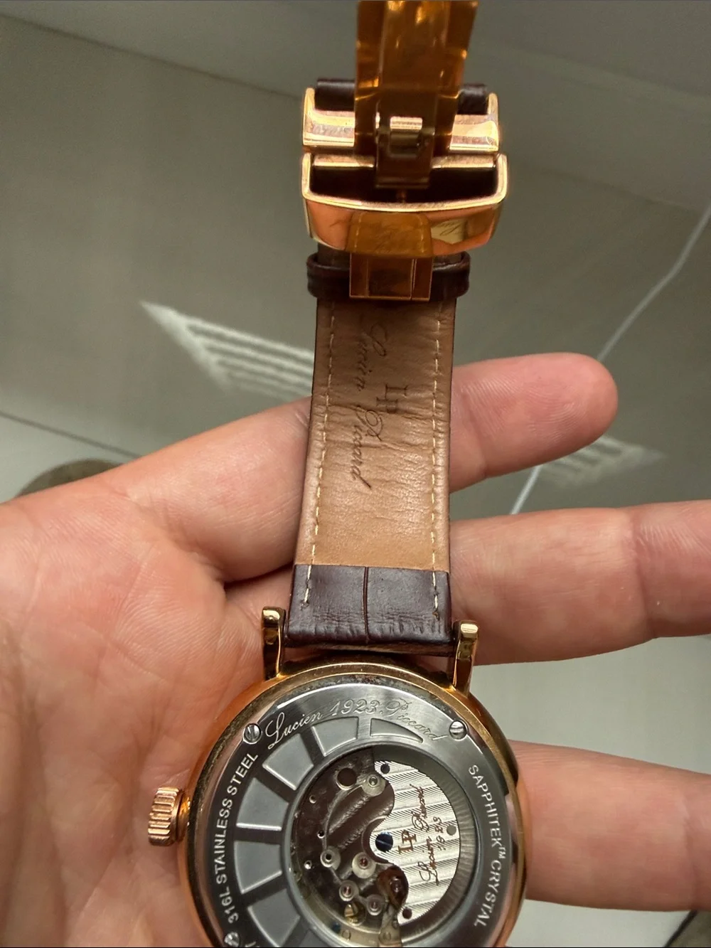 Lucien Piccard Brown Leather Watch with Rose Gold Case and Silver Dial